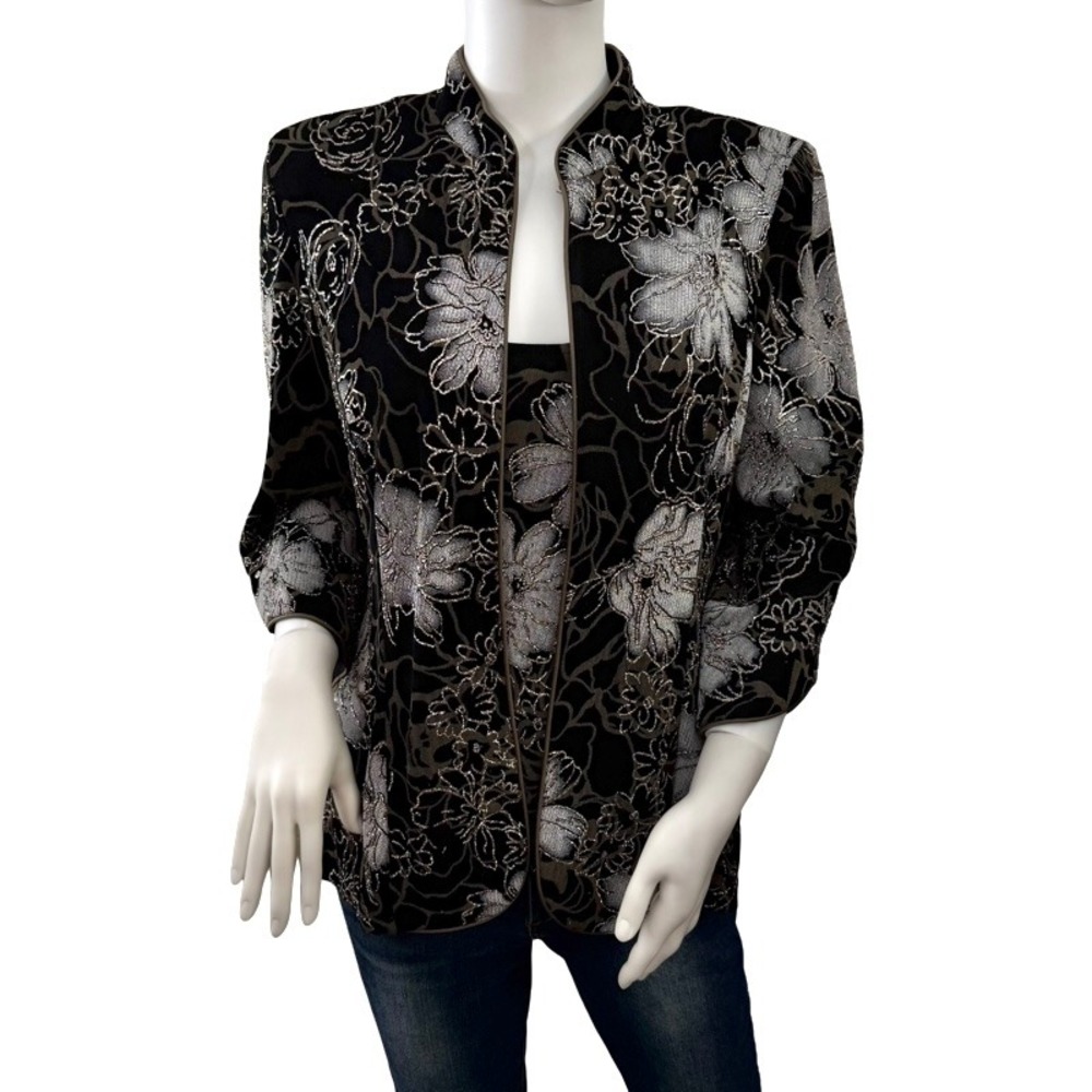 ALEX EVENINGS NWT Black Silver Floral Print Jacket & Tank Set Women's Size L - Picture 2 of 16